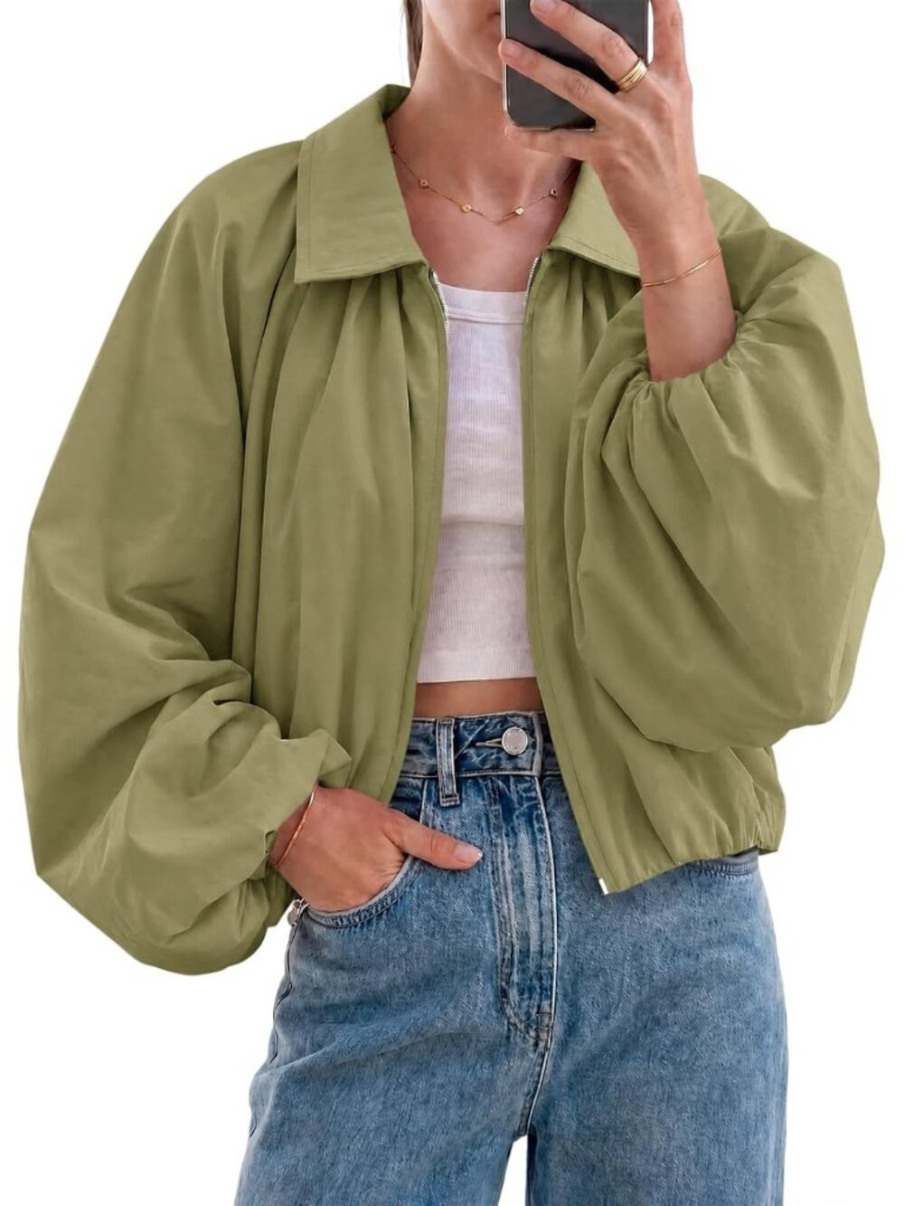 Women's Army Green Bomber Coat Fall Casual Zip Up Outerwear Cropped Jackets